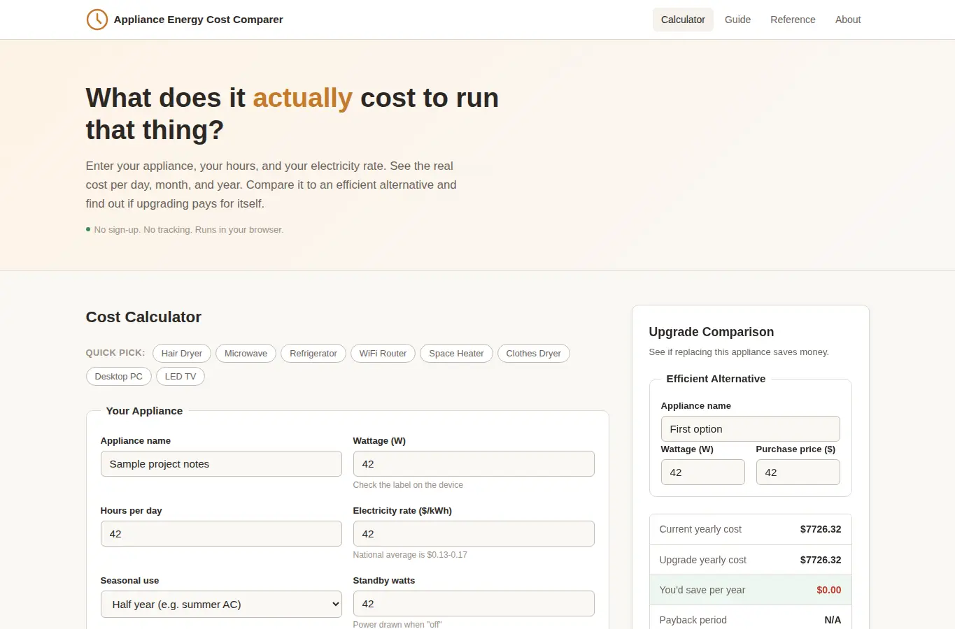 Screenshot of Appliance Energy Cost Comparer interface showing the project page in use
